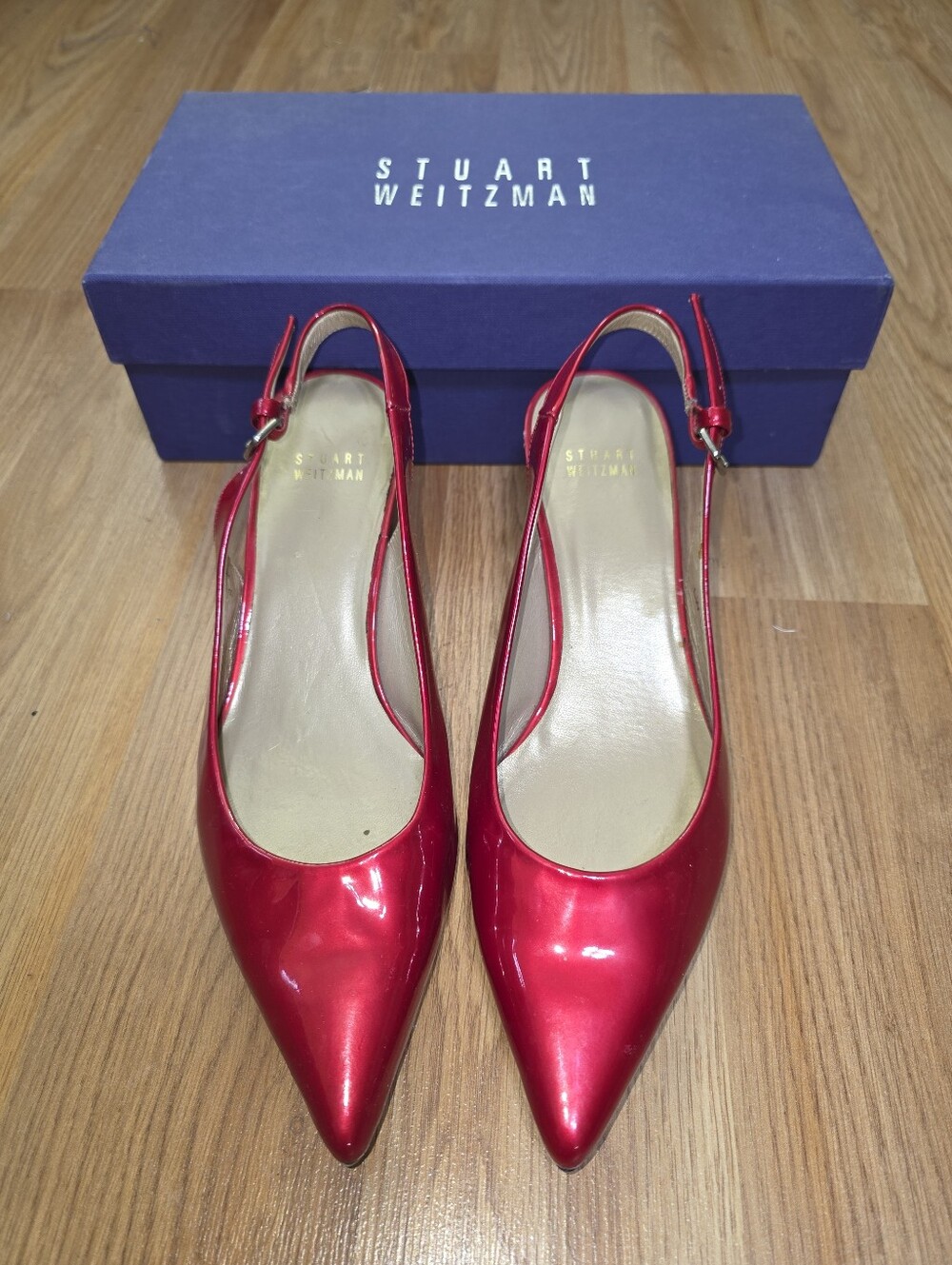 Stuart Weitzman Red Patent Slingback Pointed-Toe Pumps - Kitten Heel